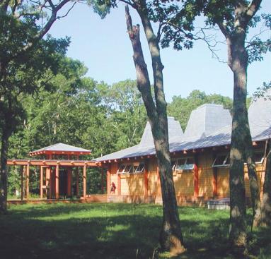 The showers exposed roof system matches that of the house, visually tying the two structures together.