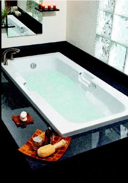 CHOICE WORKS: Builder's Choice tubs offer high-end features with an affordable price tag, the manufacturer says. Created from seven of the most popular Builder's Choice tub styles, the line is now equipped with a dual air bubbler and whirlpool system. Made from durable Lucite cast acrylic, the tubs are available in a range of sizes, colors, and styles such as rectangular designs and two-person corner units. Lasco Bathware. 800-877-2005. www.lascobathware.com.