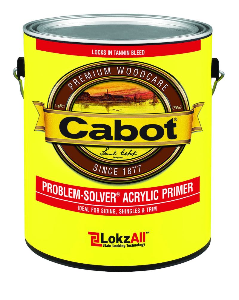Lock Down: Problem-Solver is an acrylic exterior primer that features LokzAll technology that chemically bonds with extractive tannin bleed and locks it into the primer. The result is a surface that will be protected from discoloration. It is recommended for use on surfaces such as wood siding, trim, shingles, plywood, fiber-cement siding, and masonry, among others. Cost: $27 per gallon. Cabot. 800-877-8246. www.cabotstain.com.