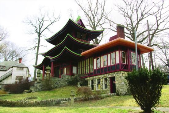 This is D.C.?: A Japanese pagoda (shown here) and English manor-style hotel (below) are among the 23 vintage structures that will eventually be transformed into residences at the National Park Seminary in Forest Glen, Md.