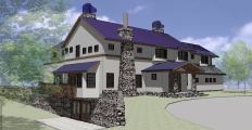 The front elevation of the Dubins' new house in Southampton, N.Y. The house's design now reflects a mountain lodge rather than a coastal Shingle style.
