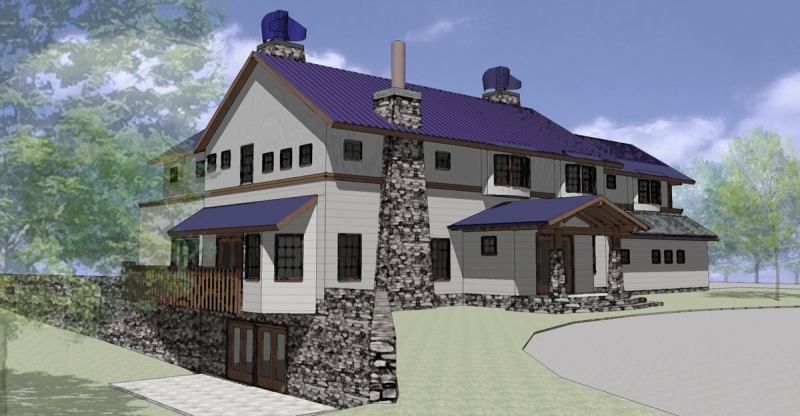 The front elevation of the Dubins' new house in Southampton, N.Y. The house's design now reflects a mountain lodge rather than a coastal Shingle style.