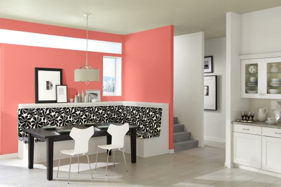 Sherwin Williams 2015 Color of the Year Coral Reef is the main event in this eat-in kitchen area, offering cheerful color to a blank space.