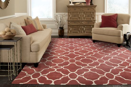 In this mix of neutrals, Pantone provesthat Marsala can add a large pop of color with this rug and pillow combination.