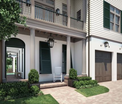 Design precedents came from Louisiana plantation architecture with balconies, large windows, and operable shutters.