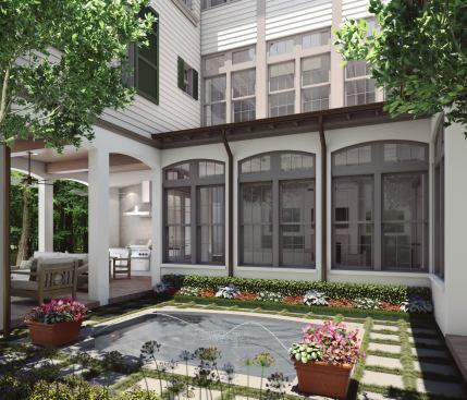 Homes are stacked three stories around an internal courtyard.