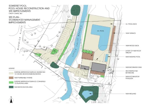 The pool house was a renovation of an existing building. The site plan shows an environmentally sensitive site that today would have posed too many restrictions to build on.  