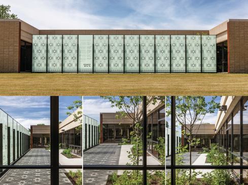 “We had always talked about preserving some of the geometric patterns from the old chapel and referencing them in whatever we designed,” Hartman says.  The team used the glass screens to project that familiar design across the courtyards and out to the street.