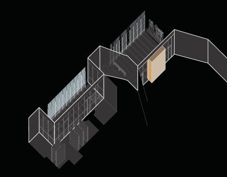 This diagram shows the relations ship of the two glass screens to each other as well as the new chapel and private offices. 