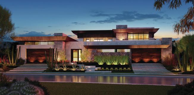Grand, Custom Home 4,000 to 8,000 square feet. Builder: Blue Heron Construction. Architect: Blue Heron Architecture.

The New American Home 2013 in Henderson, Nev., features indoor-outdoor spaces and twin pools in its blend of traditional elements of desert beauty and cutting-edge touches.