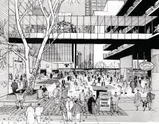 Street-level+rendering%2c+showing+pedestrian+bridges+and+parking.