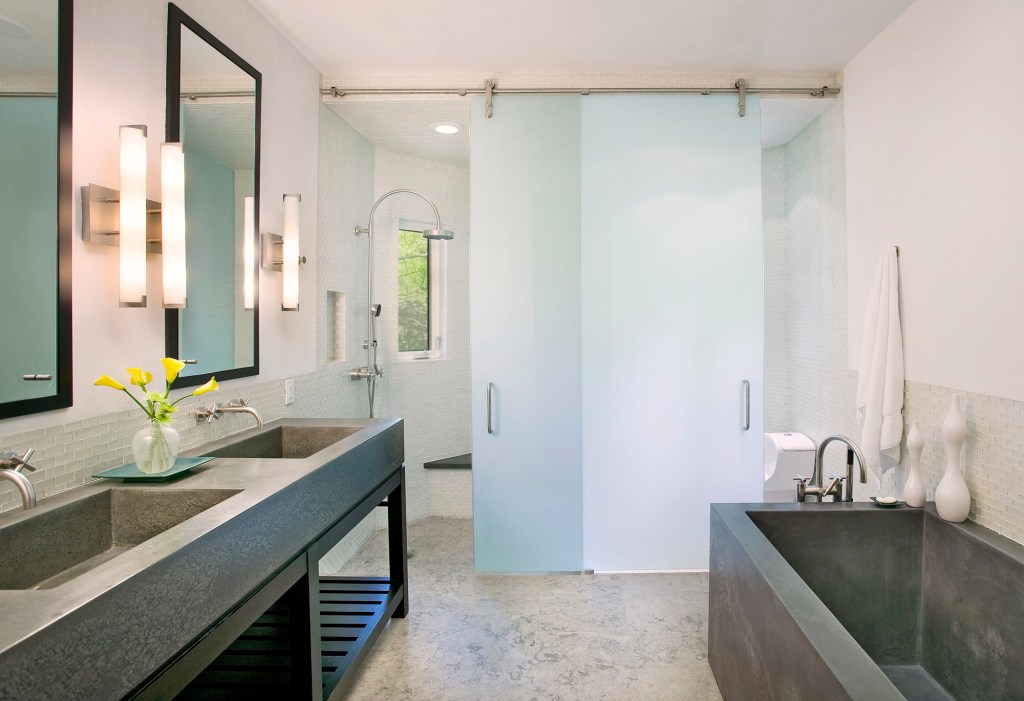 bendheim glass, satintech glass, etched glass, etched glass shower doors, barn door shower doors, glass shower doors
