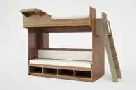 The Arca queen loft bed features a bench, open storage space, and a desk underneath the sleeping space.