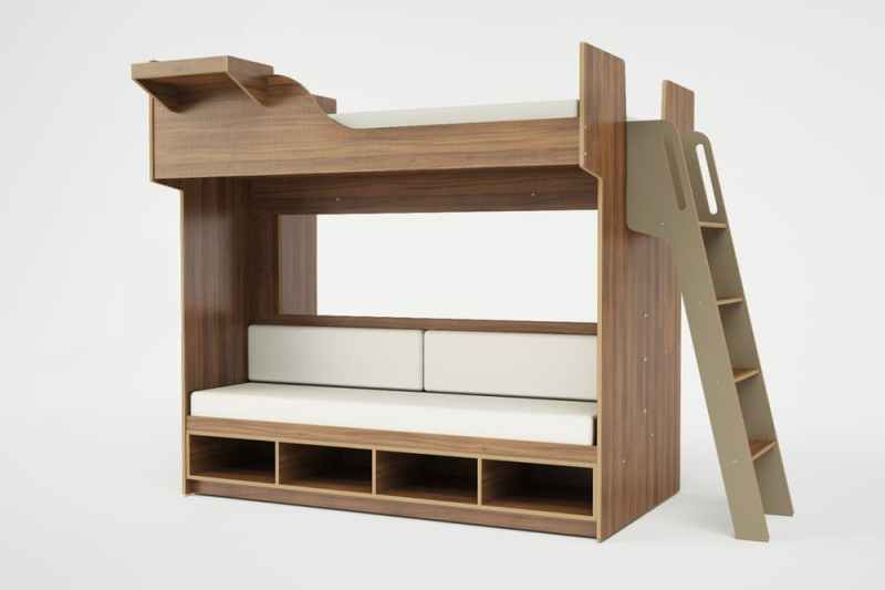 The Arca queen loft bed features a bench, open storage space, and a desk underneath the sleeping space.