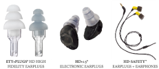 The HD•Safety earplugs, HD•Safety™ Earplugs + Earphones, and HD•15 electronic earplugs.