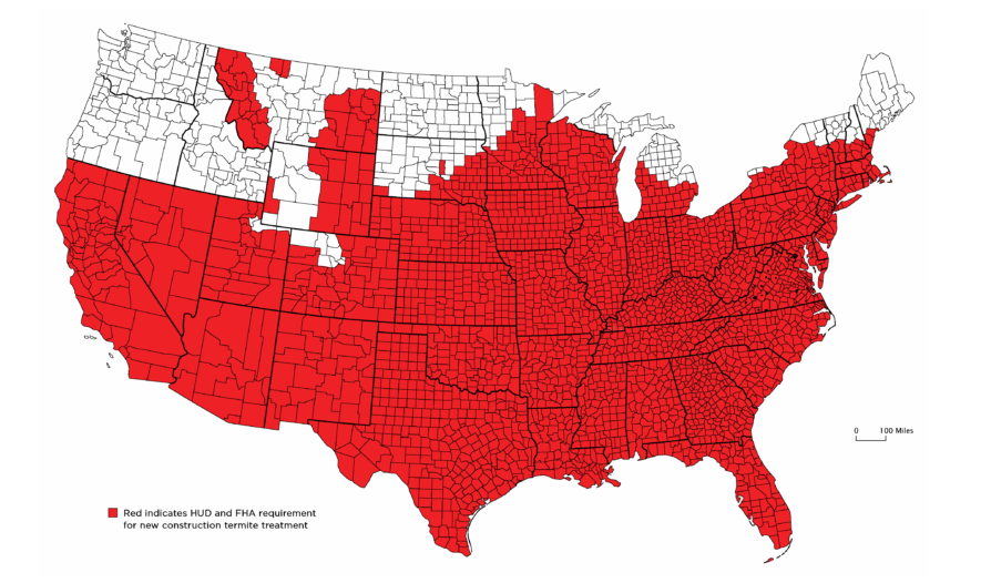 New construction financed by FHA or VA in the red counties requires a termite treatment.