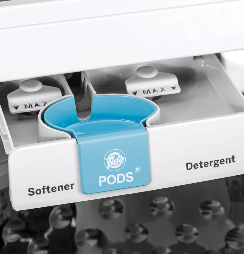 The Tide PODS Dispense compartment on a GE 4.8 cu. ft. Capacity Washer with Tide PODS Dispense.