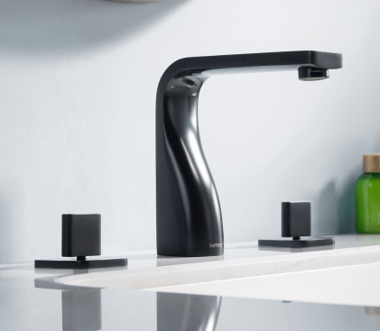 The Serie 260 three hole widespread bathroom faucet in matte black by Isenberg Design Lab.