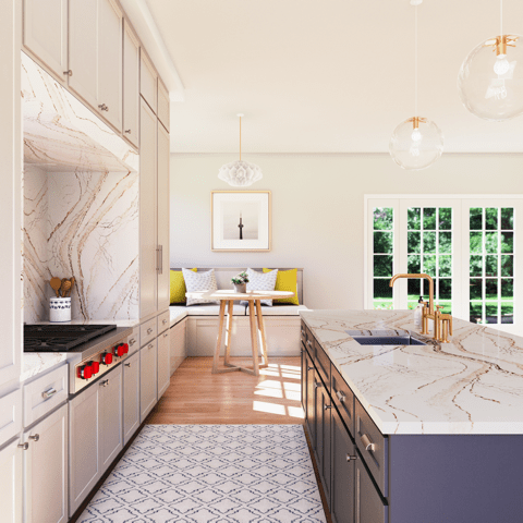 A kitchen featuring Cambria’s Clovelly quartz surfacing pattern, one of 20 introduced to mark the manufacturer’s 20th anniversary.