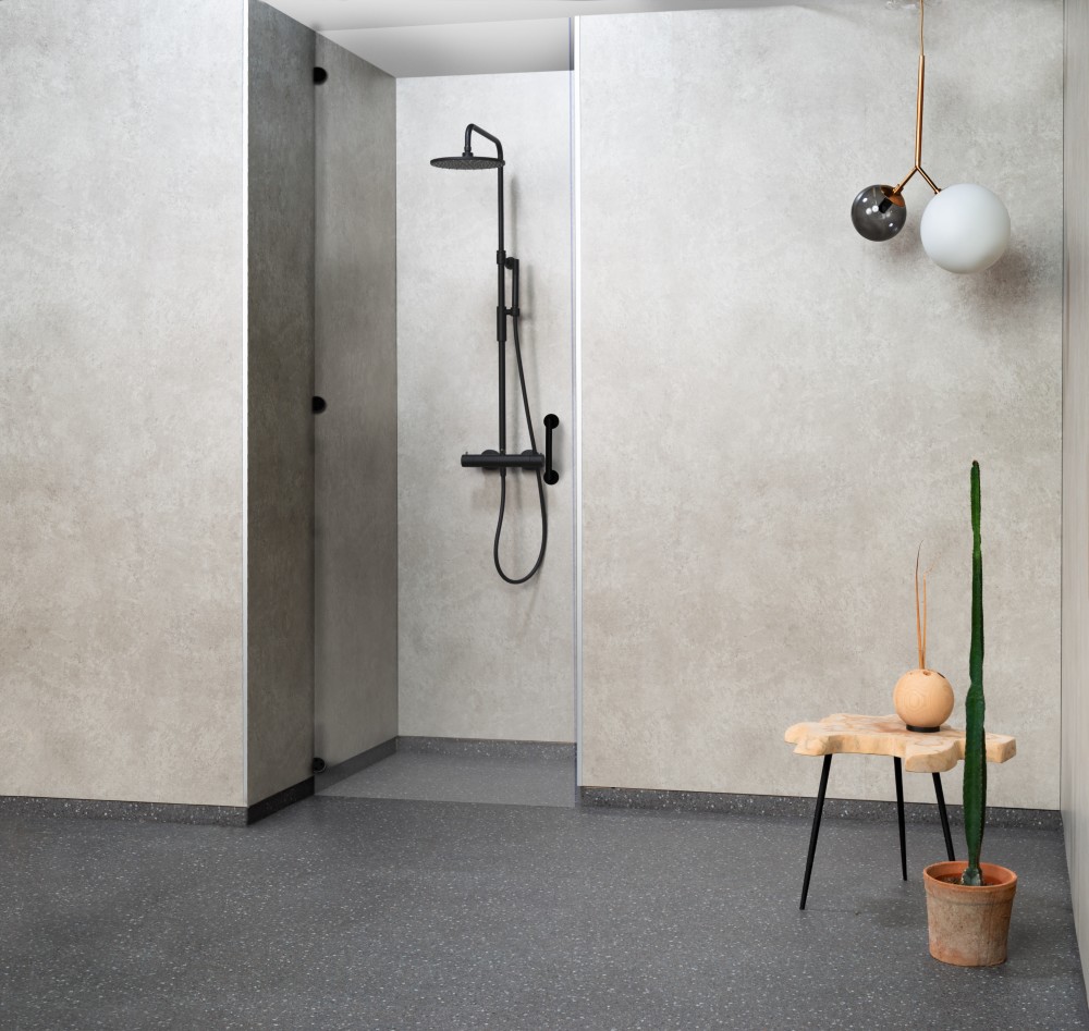 The Fibo waterproof wall panel system, shown here in gray sand.