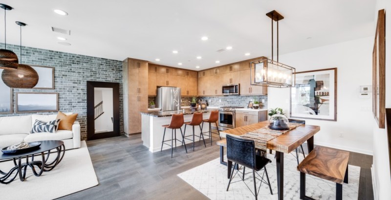 The kitchen area in the Copperleaf home at Landsea’s IronRidge master-planned community.