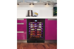 The Vinotemp 41-Bottle Single-Zone Wine Cooler, seen here with an X door finish, lit in heliotrope LED light.