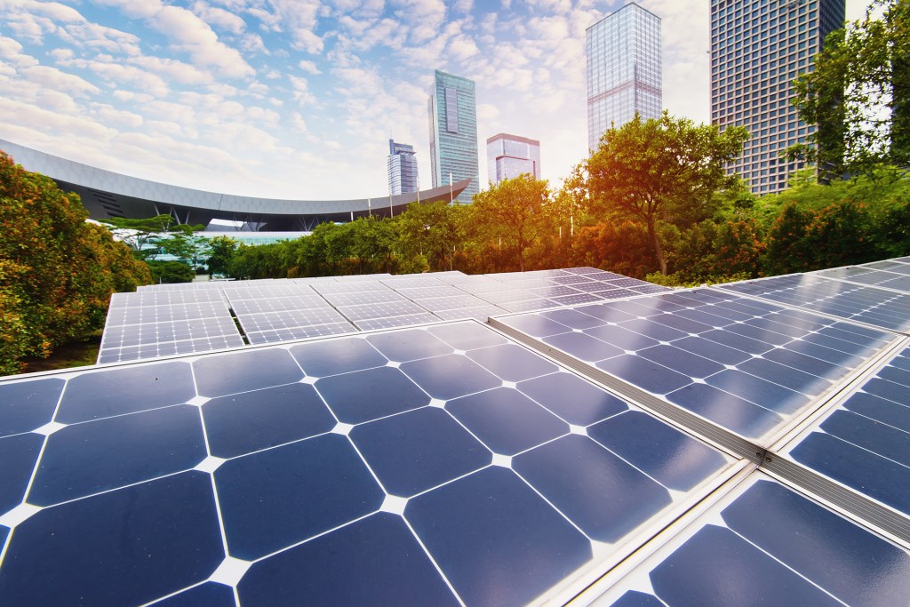 Solar Power Plant in modern city,Sustainable Renewable Energy.