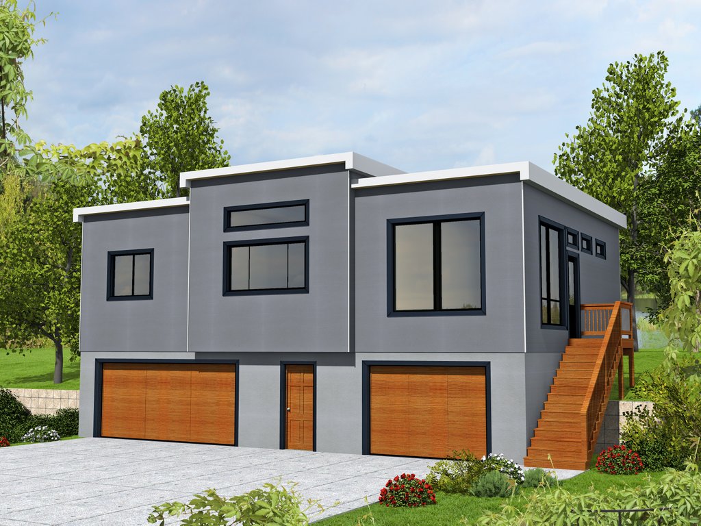 Modern garage plan with apartment, front exterior. See details at Houseplans.com.