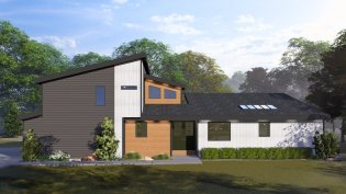 Modern house plan with an open layout, front exterior. See details at Houseplans.