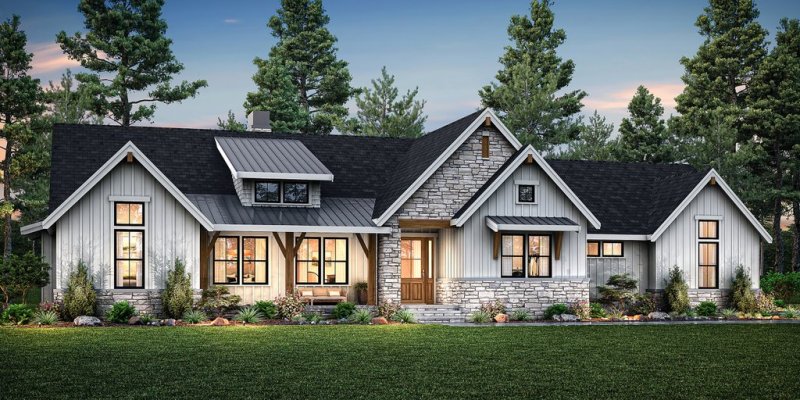 Craftsman farmhouse plan with big garage, front exterior. See interior views at Houseplans.