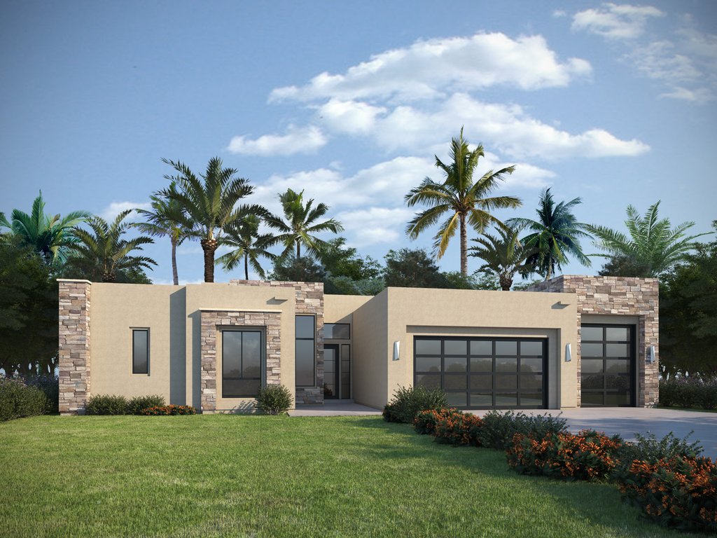Southwest house plan, front exterior. See details at Houseplans.