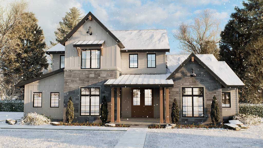 Farmhouse plan with four bedrooms, front exterior. See more views at Houseplans.