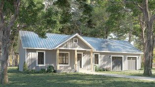 Simple farmhouse plan with large garage, front exterior. See more images at Houseplans.