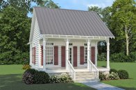 Tiny house plan with front porch, front exterior. See interior views at Houseplans.