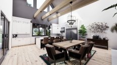 Barndominium plan with big kitchen, dining area. See details at Houseplans.