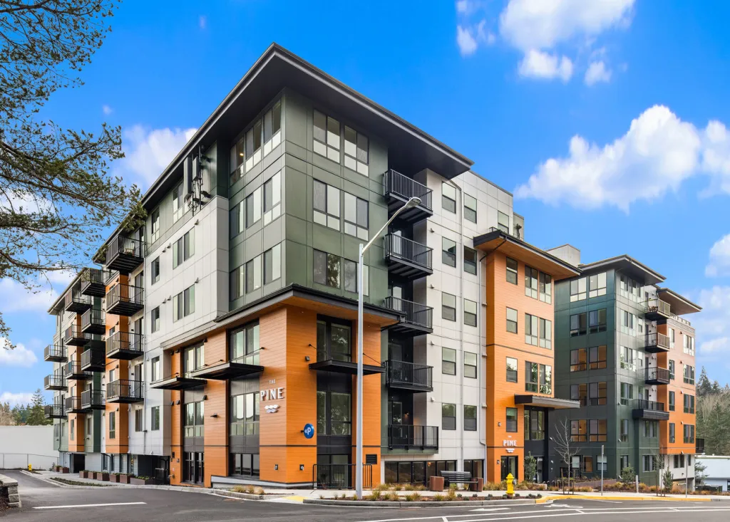 The Pine, a DAHLIN-designed, mixed-use multifamily community in Kirkland, Washington, is equipped for the future with energy- and water-efficient systems incorporated throughout.