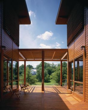 SUSTINABLY HARVESTED WOOD

Cypress Wood used for the louvers, rainscreen cladding, and 400 square feet of decking was pulled by horses from a Virginia swamp. Heart Pine and DOuglas Fir timber beams and columns were cast-offs from a florring factory in New York. Dimensional framing lumber is FSC-certified. The framing lumber is from Kane Hardwood, a subsidiary of Collins Hardwood. Collins: 800.329.1219. www.collinsco.com.