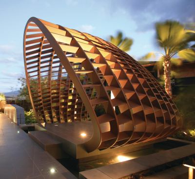 Made of marine plywood, the kit-of-parts entry pavilion was fabricated in Los Angeles and assembled on-site.