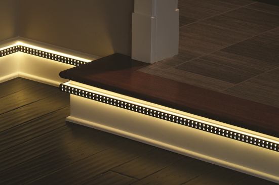 The Ambience Keeler light-integrated trim combines decorative hardware tiles, LED technology, and traditional trims to produce unique accent lighting. The modular system has myriad applications, from crown moldings and backsplashes to stair railings and baseboards. 
Keeler.&nbsp;