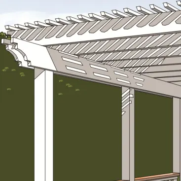 2. Shade Spacing An arbor’s topmost lath pieces, milled from ripped 2x4s and installed on 6-inch centers, cast partial shade on a deck. The lath also contributes to the arbor’s strength and helps restrain the joists. To prevent bowing and twisting at their ends, lath pieces should extend no more than 4 to 5 inches beyond the edges of the outermost joists.
