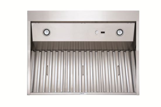 Broan Range Hood A range hood in an outdoor kitchen? Especially useful in covered cooking areas under pergolas and arbors, outdoor range hoods keep grease and smoke from interrupting outdoor dining. The Elite Outdoor Range Hood features baffle filters and a built-in 1,100 cfm blower. The extra-deep 27-inch hood has an optional 3-inch wall extension to help it effectively capture smoke and protect patio ceilings.&nbsp;