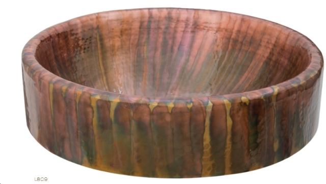 Part of the company’s Legacy Collection, the Baccus Tornasol partial drop-in or vessel-mount sink is made from 16-gauge, pure multi-colored copper. It measures 17 inches in diameter and 6½ inches deep. 
www.thompsontraders.com.