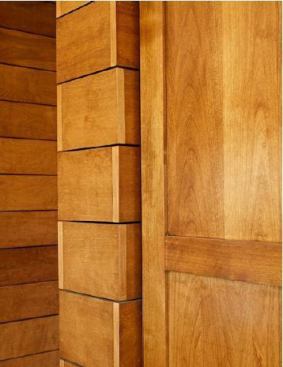 For the corner details of this Midwestern farmland–inspired home, the architect took his cues from the slats of a corn crib. Strips of birch plywood are stacked in a staggered pattern, with the end-grain position reversed on alternating blocks and mounted on drywall covered in black felt paper that creates a clean reveal.   
Project: Woodland Hall House, Columbus, Ohio; 
Architect: Meyers + Associates, Columbus; 
Builder: Ghiloni Custom Builders, Granville, Ohio.