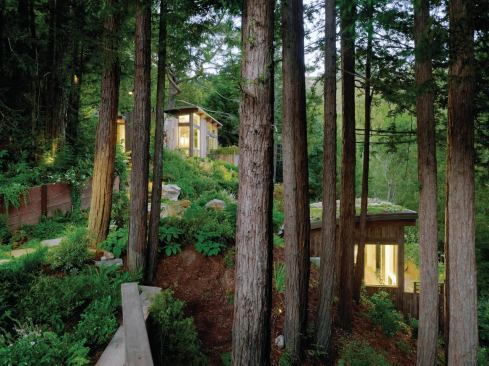 Two cabins fit more easily into the steep hillside than one large addition.