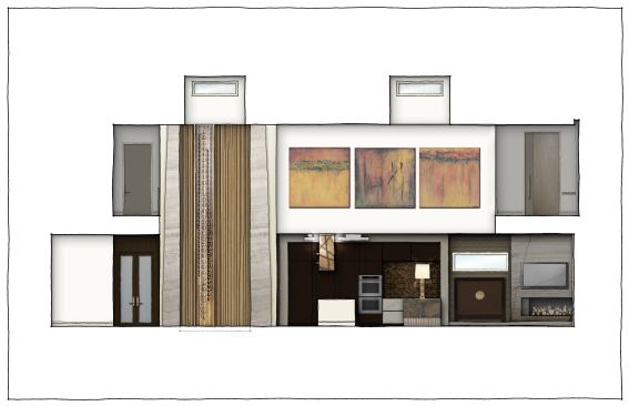 The foyer, kitchen, and two-story water feature