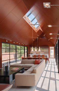 A long ridge skylight illuminates the living pavilion.