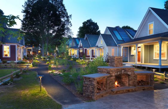 A common open-air fireplace offers buyers outdoor living space and a place to gather.