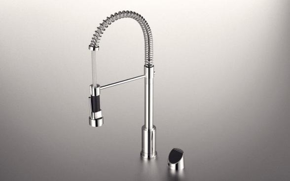 The Cabrillo electronic, pull-down kitchen faucet offers hands-free operation, solid brass construction, ceramic disk cartridges, and a solid brass control panel for the hands-free feature, flow rate, and temperature. Priced at $2,350, it comes in chrome and satin nickel. 
www.muirsis.com.
