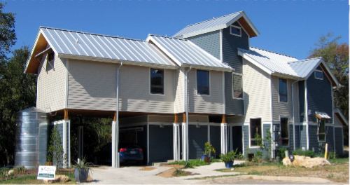 Metal roofs, a rainwater collection system, and fiber cement siding are standard features.