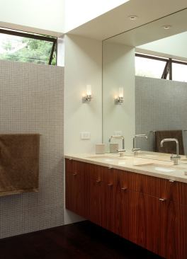 Interplay between grained wood veneer and the grid of the tile brings visual variety.